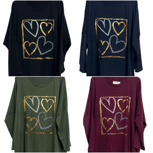 Italian Metallic Foil Hearts Oversized Longline Top