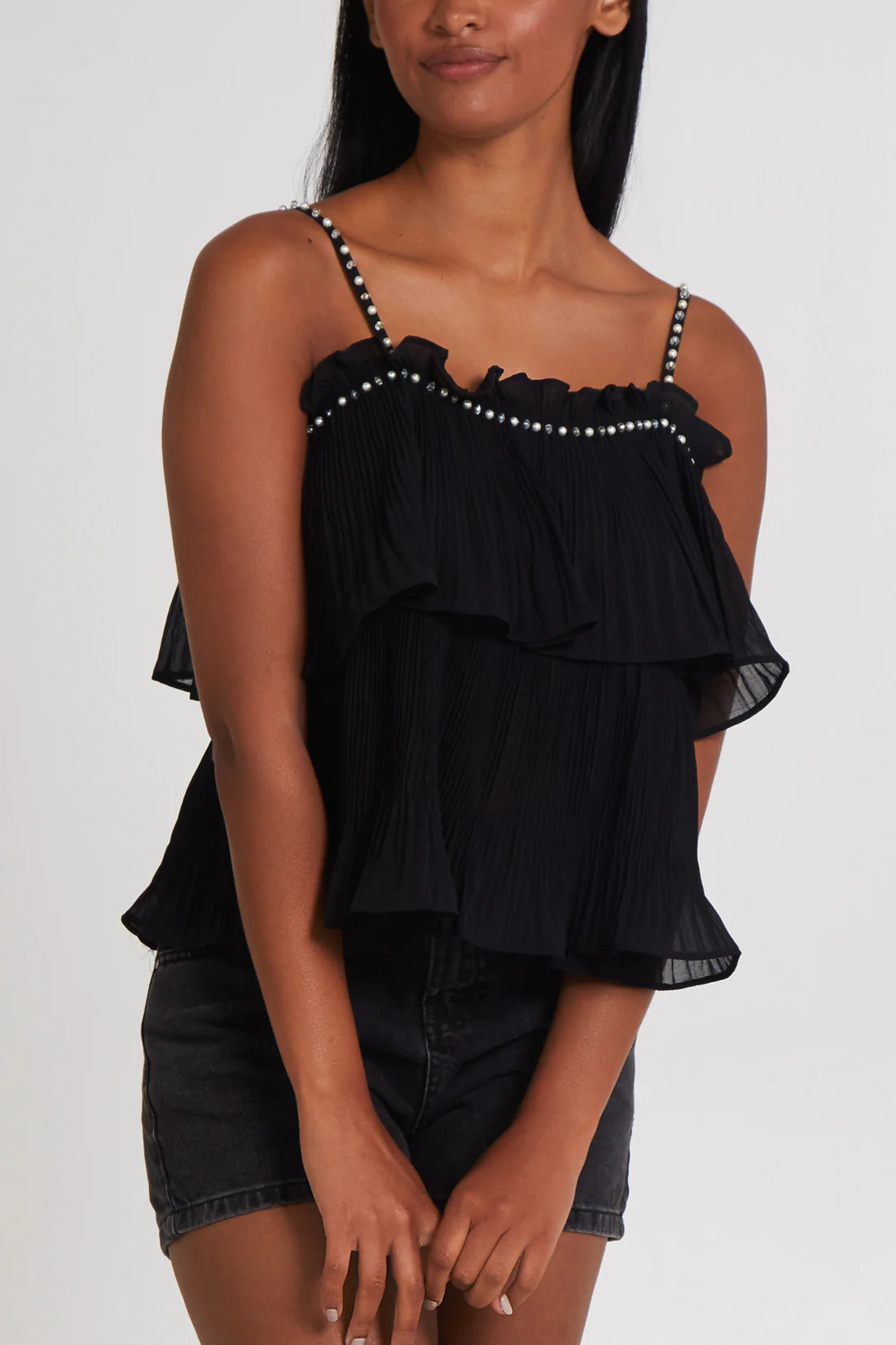 ** REDUCED DUE TO IMPERFECTION - TEAR ON SEAM (NEEDS A FEW STITCHES) - no return ** Beaded Strap Ruffle Top (Copy)