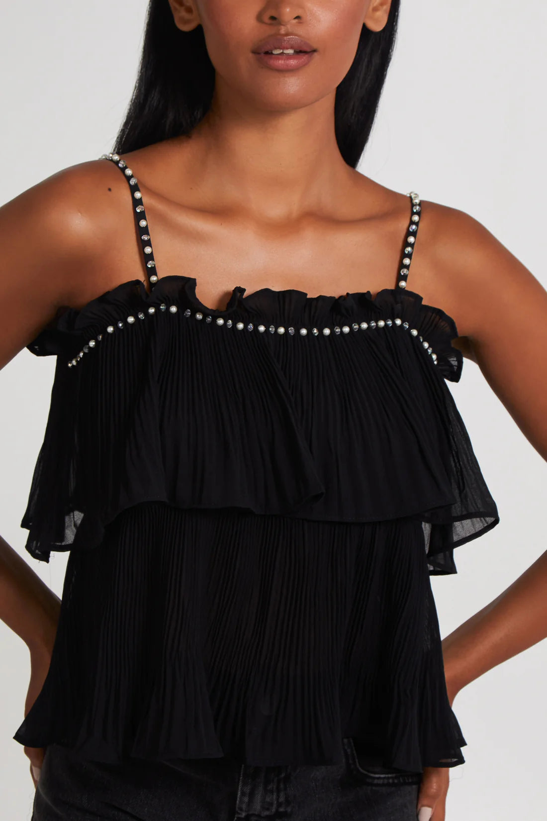 ** REDUCED DUE TO IMPERFECTION - TEAR ON SEAM (NEEDS A FEW STITCHES) - no return ** Beaded Strap Ruffle Top (Copy)