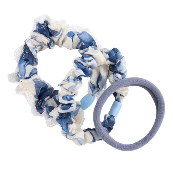 Pack Of 3 Cream and Blue Scrunchies