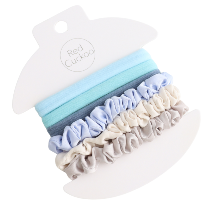 Pack Of 6 Sky and Silver Scrunchie Hairbands