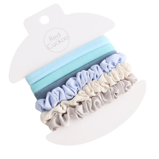 Pack Of 6 Sky and Silver Scrunchie Hairbands