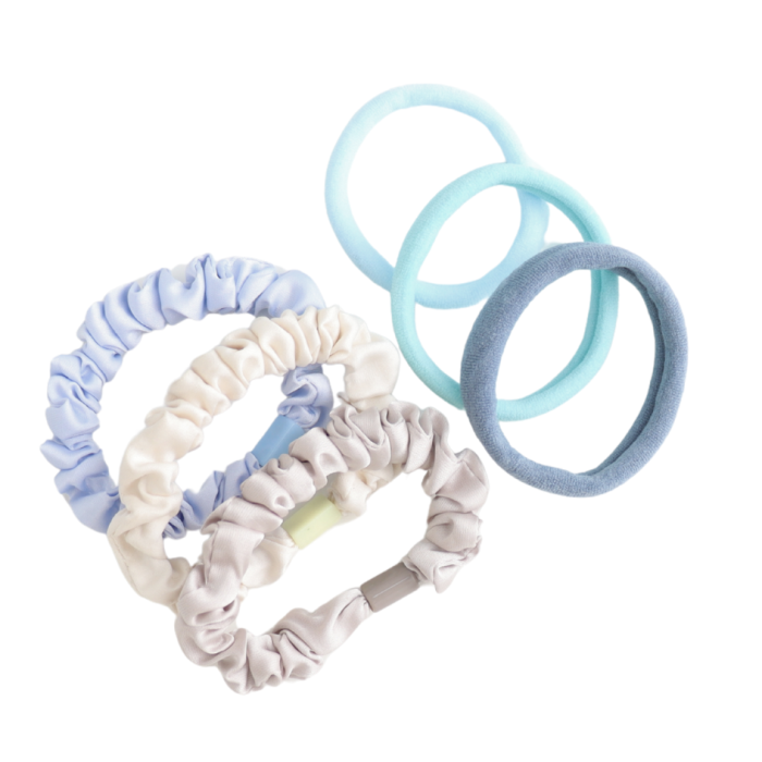 Pack Of 6 Sky and Silver Scrunchie Hairbands