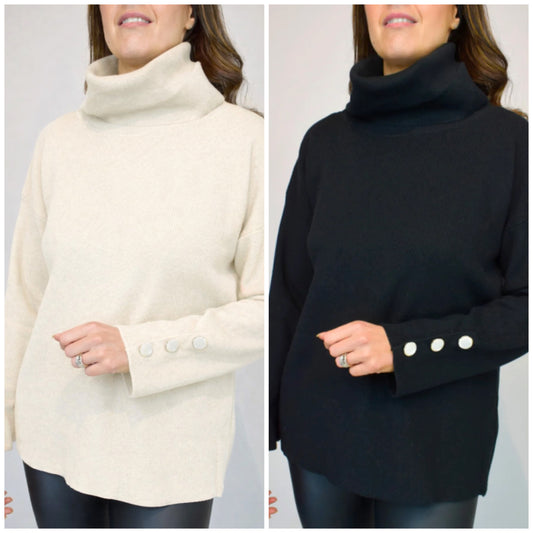 Button Cuff Oversize Roll Neck Jumper