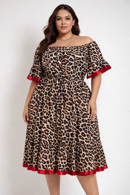 Plus Size Animal Print Bardot Contrast Hem Dress With Pockets