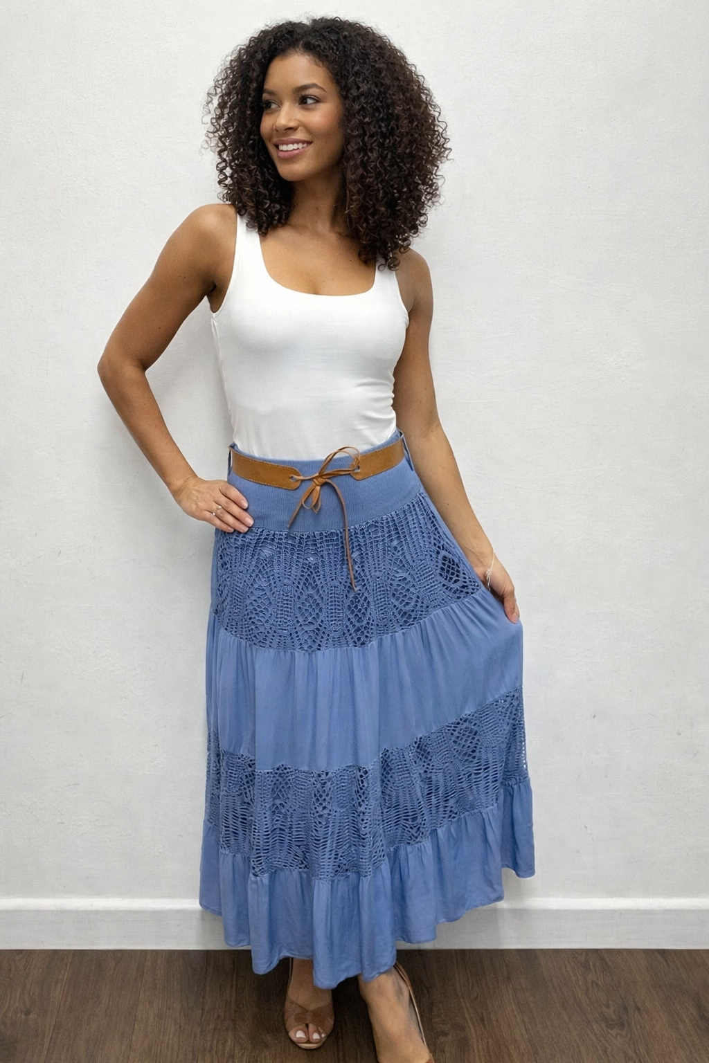 Belted and Tiered Crochet Maxi Gypsy Skirt