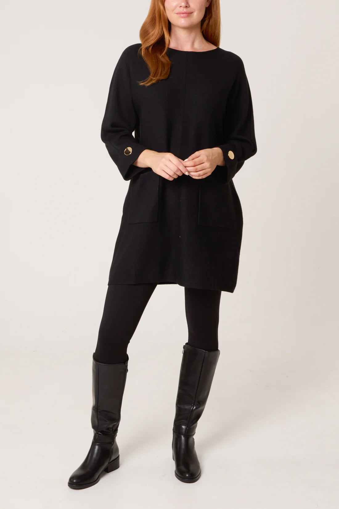 Black Front Seam Pocket Tunic Dress