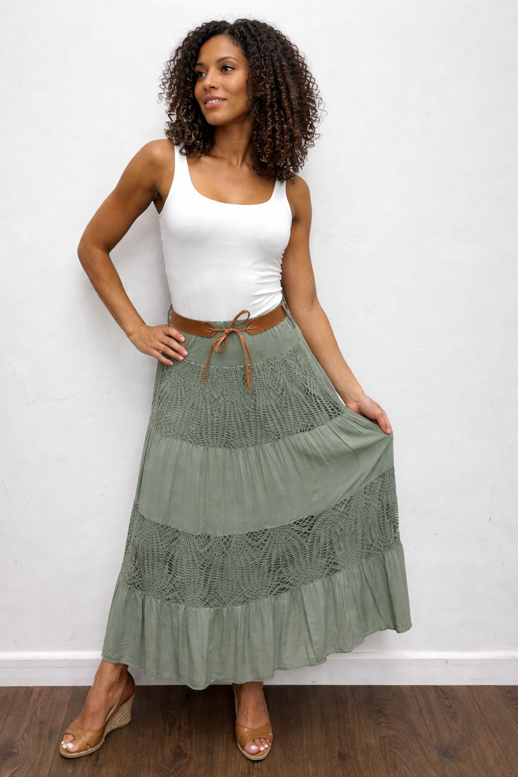 Belted and Tiered Crochet Maxi Gypsy Skirt