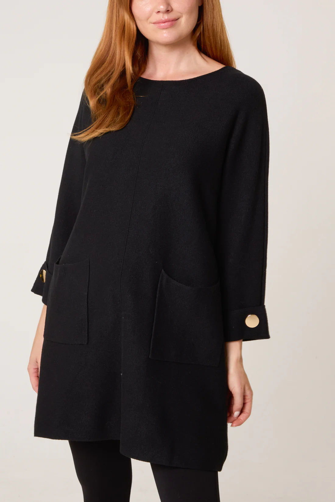 Black Front Seam Pocket Tunic Dress
