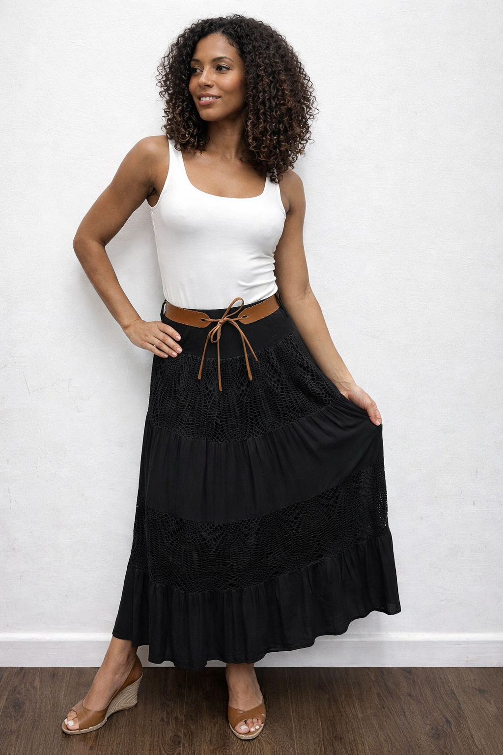 Belted and Tiered Crochet Maxi Gypsy Skirt