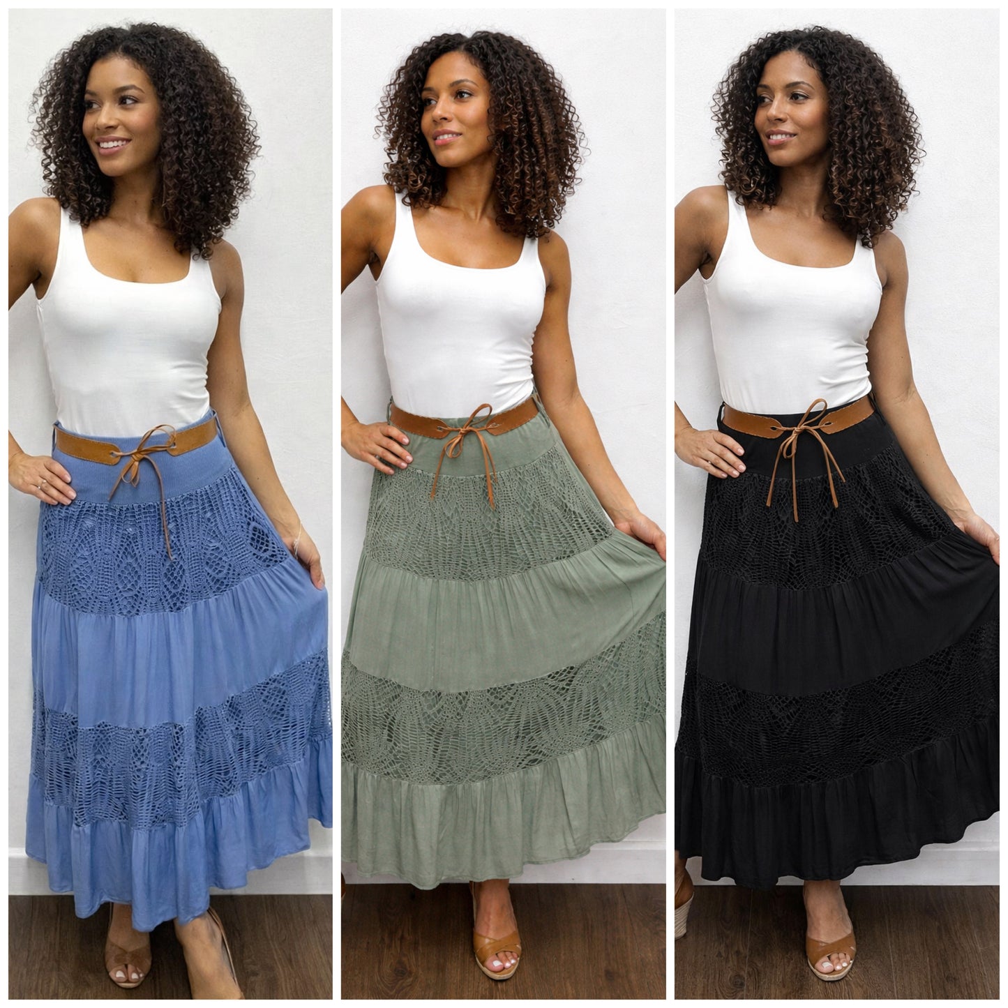 Belted and Tiered Crochet Maxi Gypsy Skirt