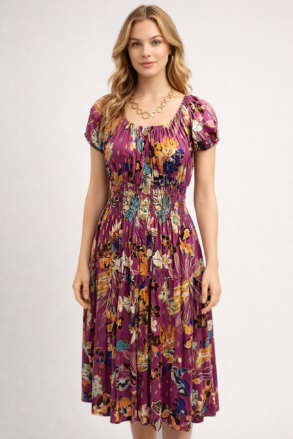 Vintage Floral Gold Foil Midi Dress
