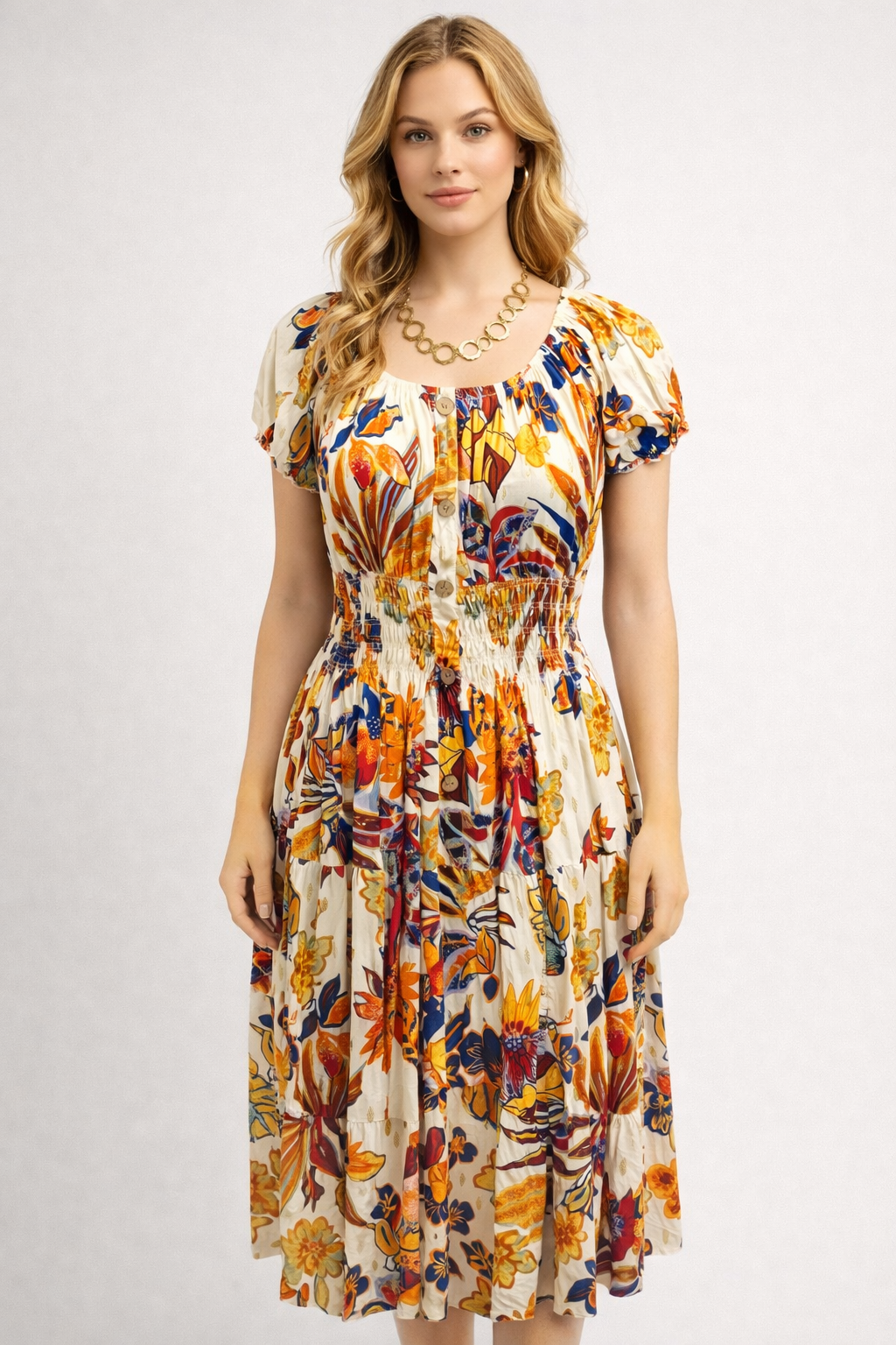 Vintage Floral Gold Foil Midi Dress