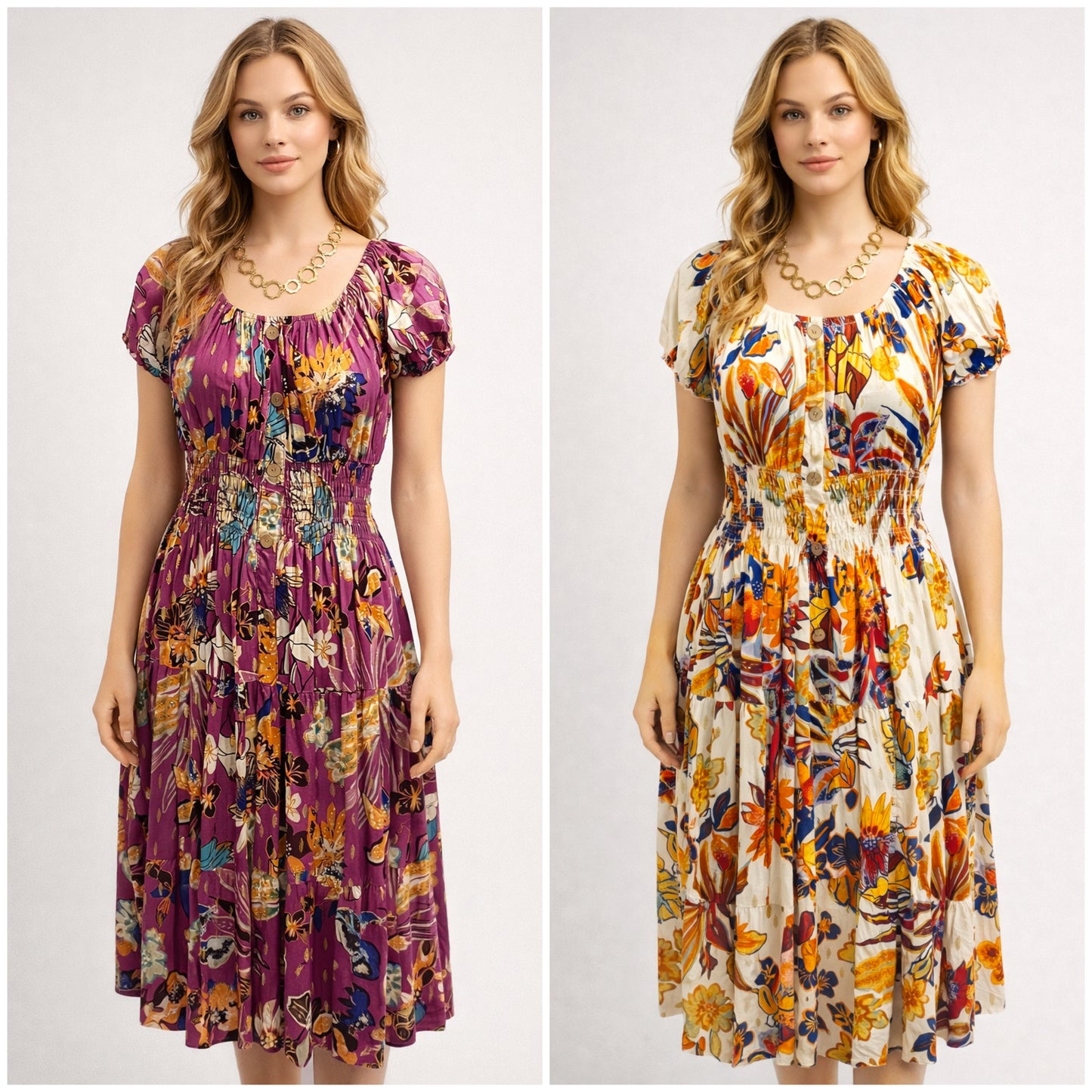 Vintage Floral Gold Foil Midi Dress
