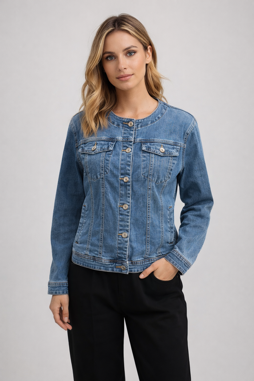 Plus Size Silver Button Denim Mandarin Cotton Stretch Jacket