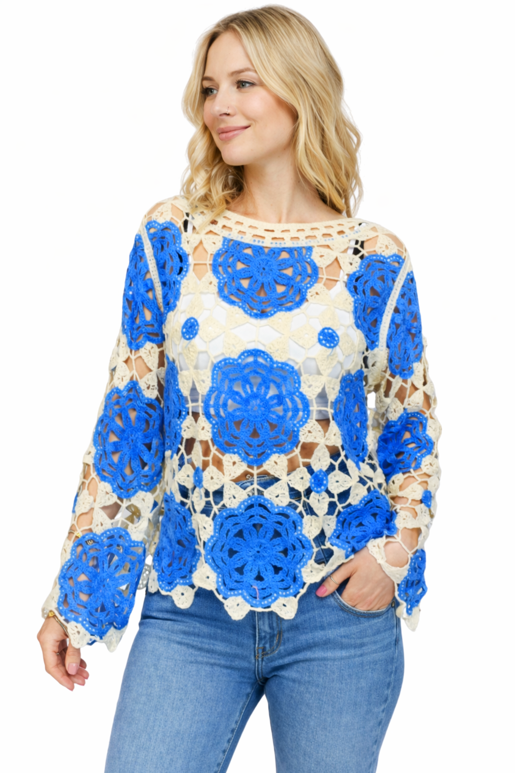 Coloured Flower Long Sleeved Crochet Top