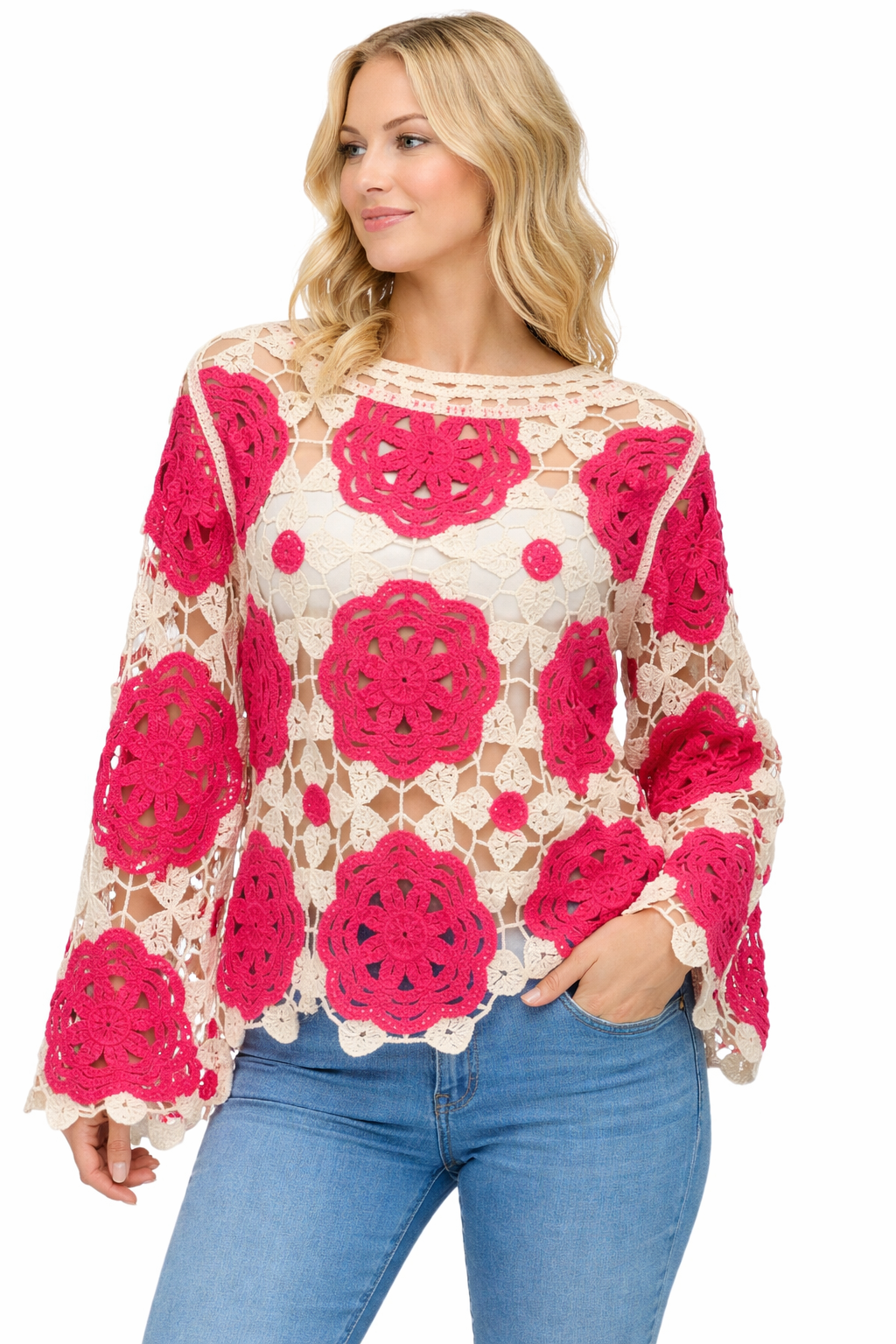 Coloured Flower Long Sleeved Crochet Top