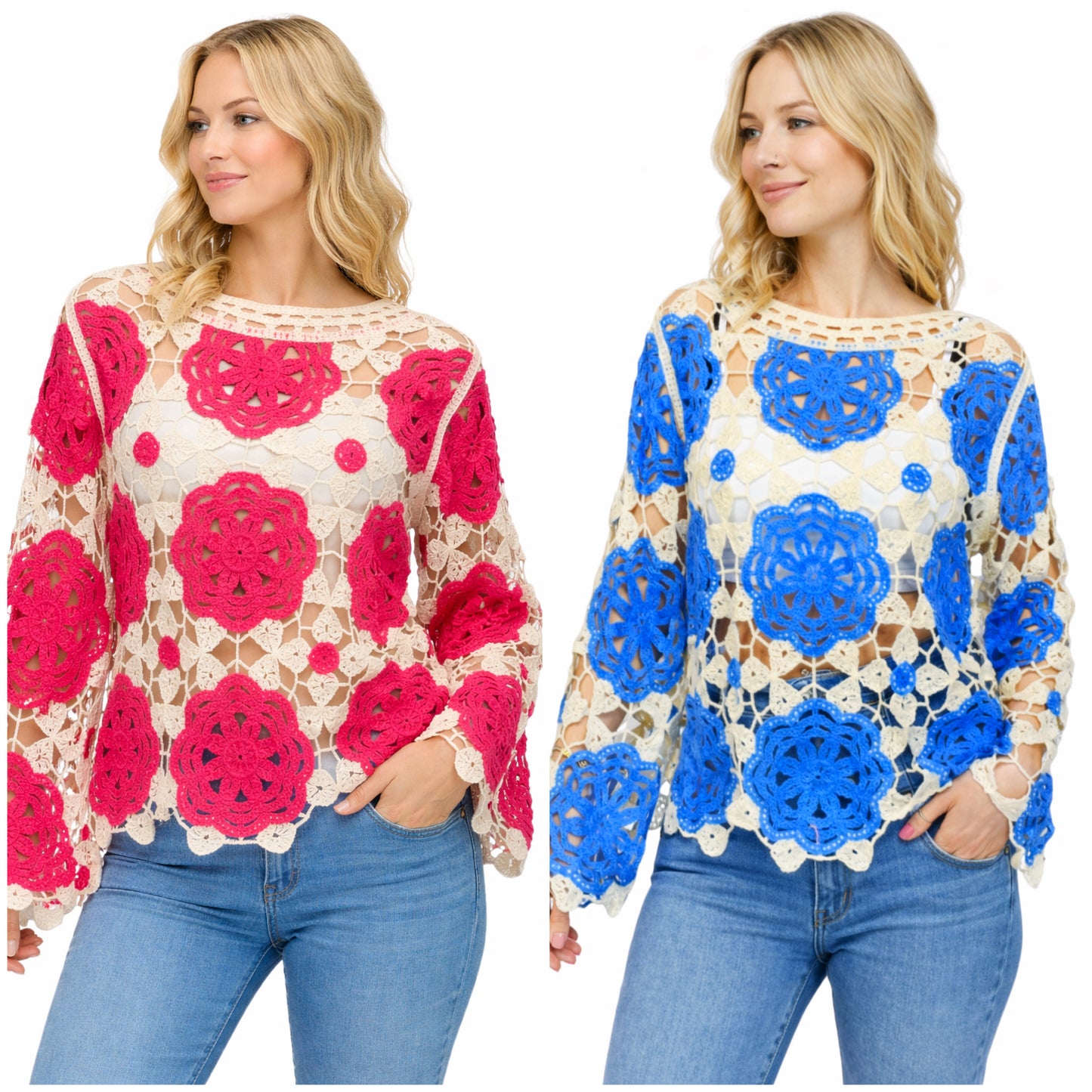 Coloured Flower Long Sleeved Crochet Top
