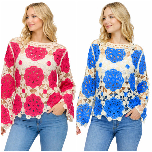 Coloured Flower Long Sleeved Crochet Top