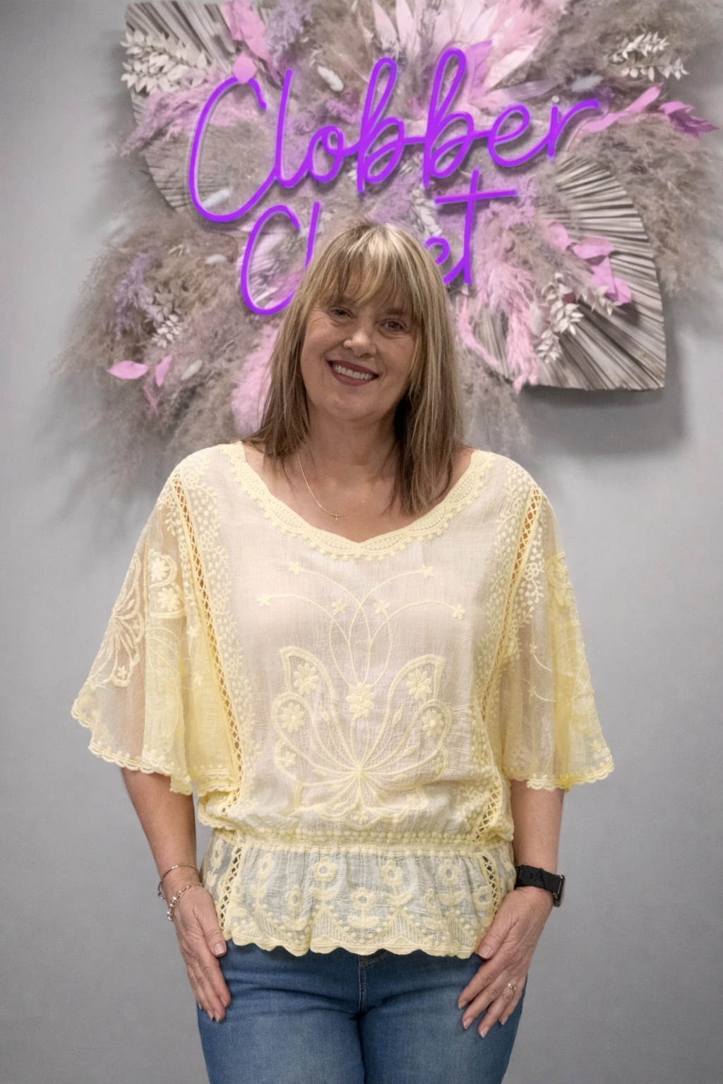 Lemon Floral Lace Butterfly Sleeve Blouse