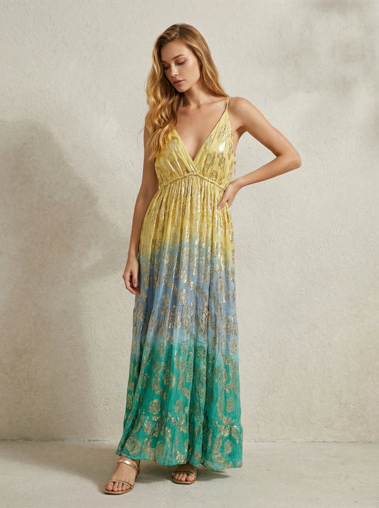 Strappy Multicoloured Ombré Indian Maxi Dress with Gold Thread Detail