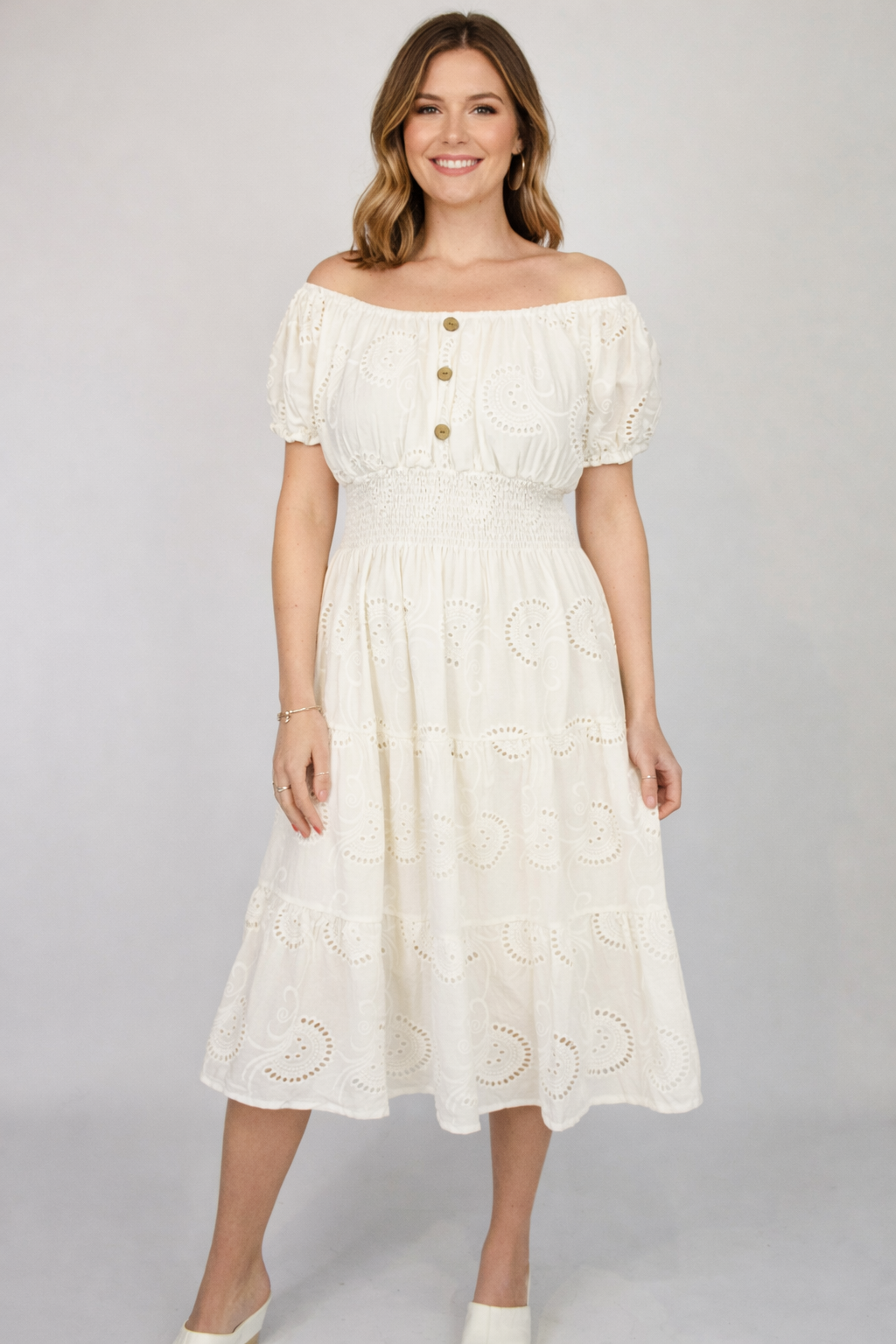 Broderie Anglaise Bardot Midi Dress