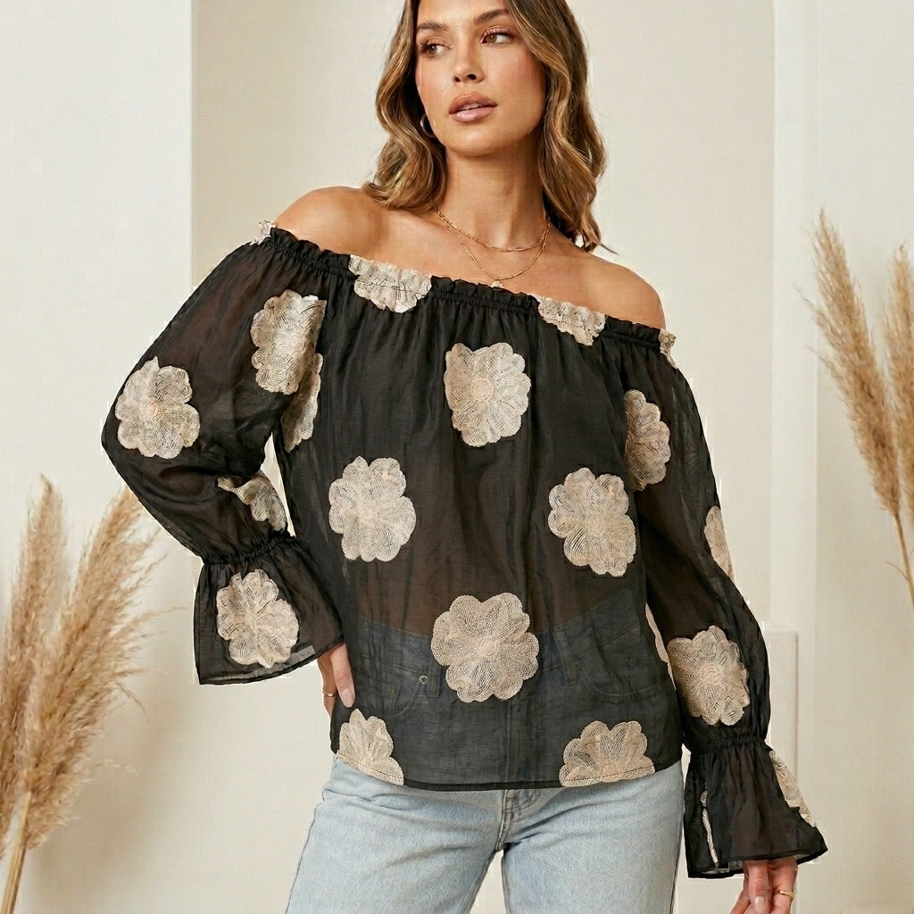 Luna Embroidered Flower Bardot Top
