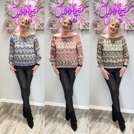 Wave Print Ruffle Bardot Blouse