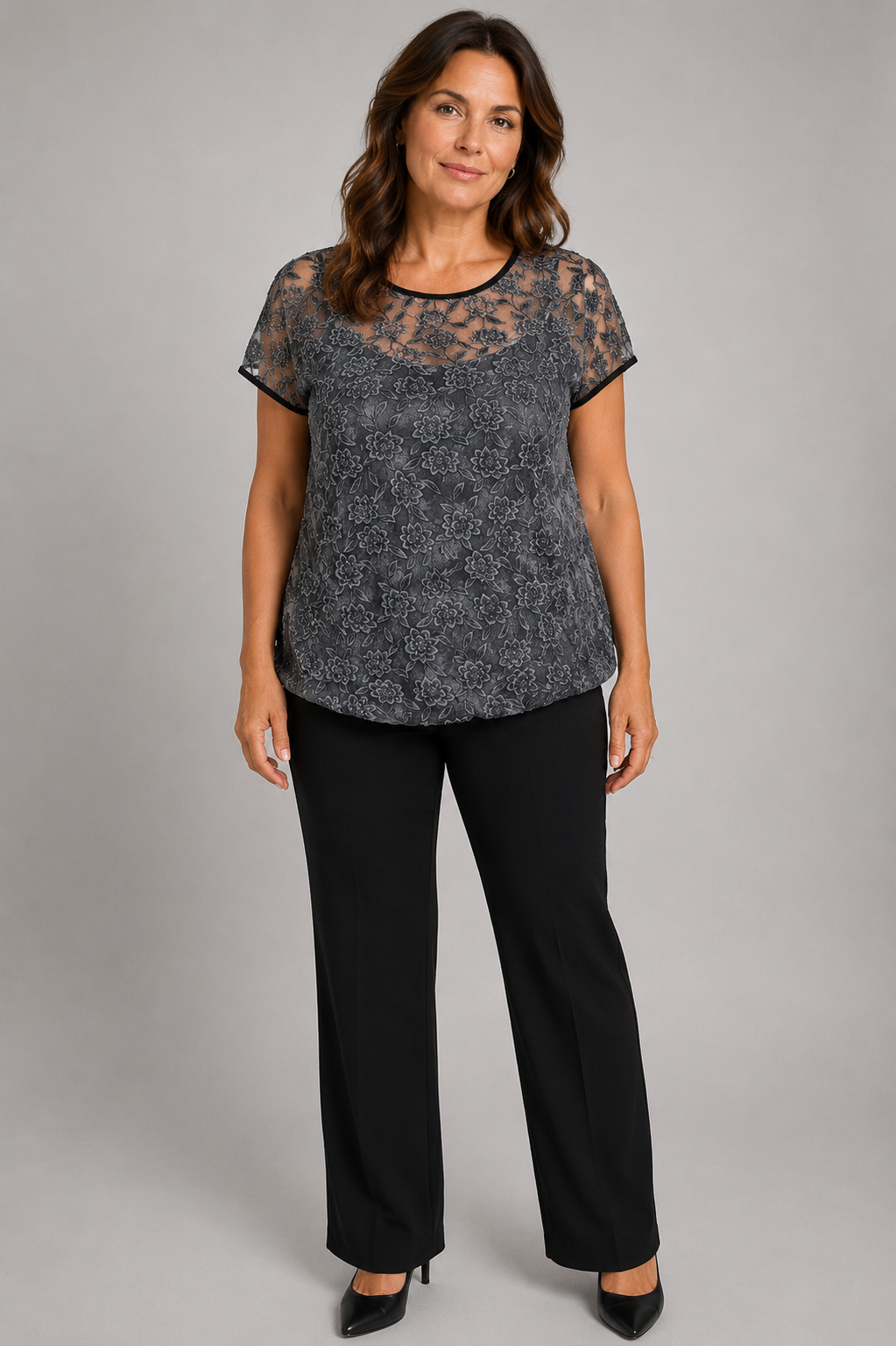 Plus Size Black Floral Sparkle Blouse with Vest Lining