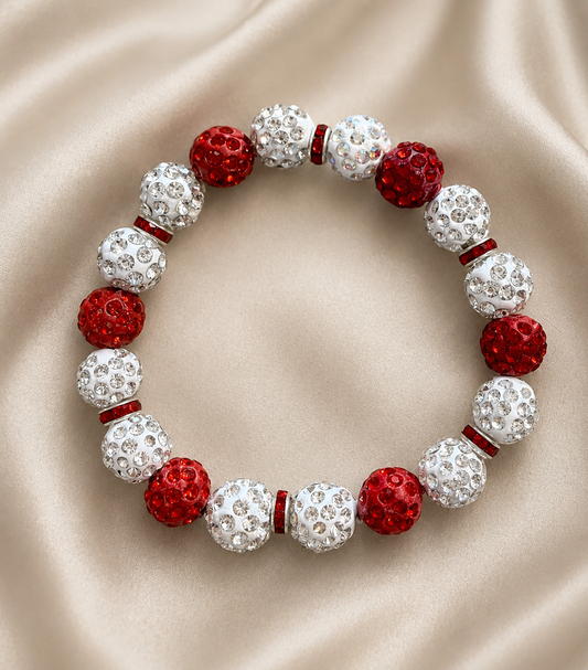 Red and White Shamballa Stretch Bracelet
