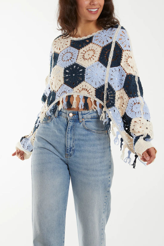 LAST ONE - Cassie - Floral Blue and Cream Crochet Tassel Cropped Jumper