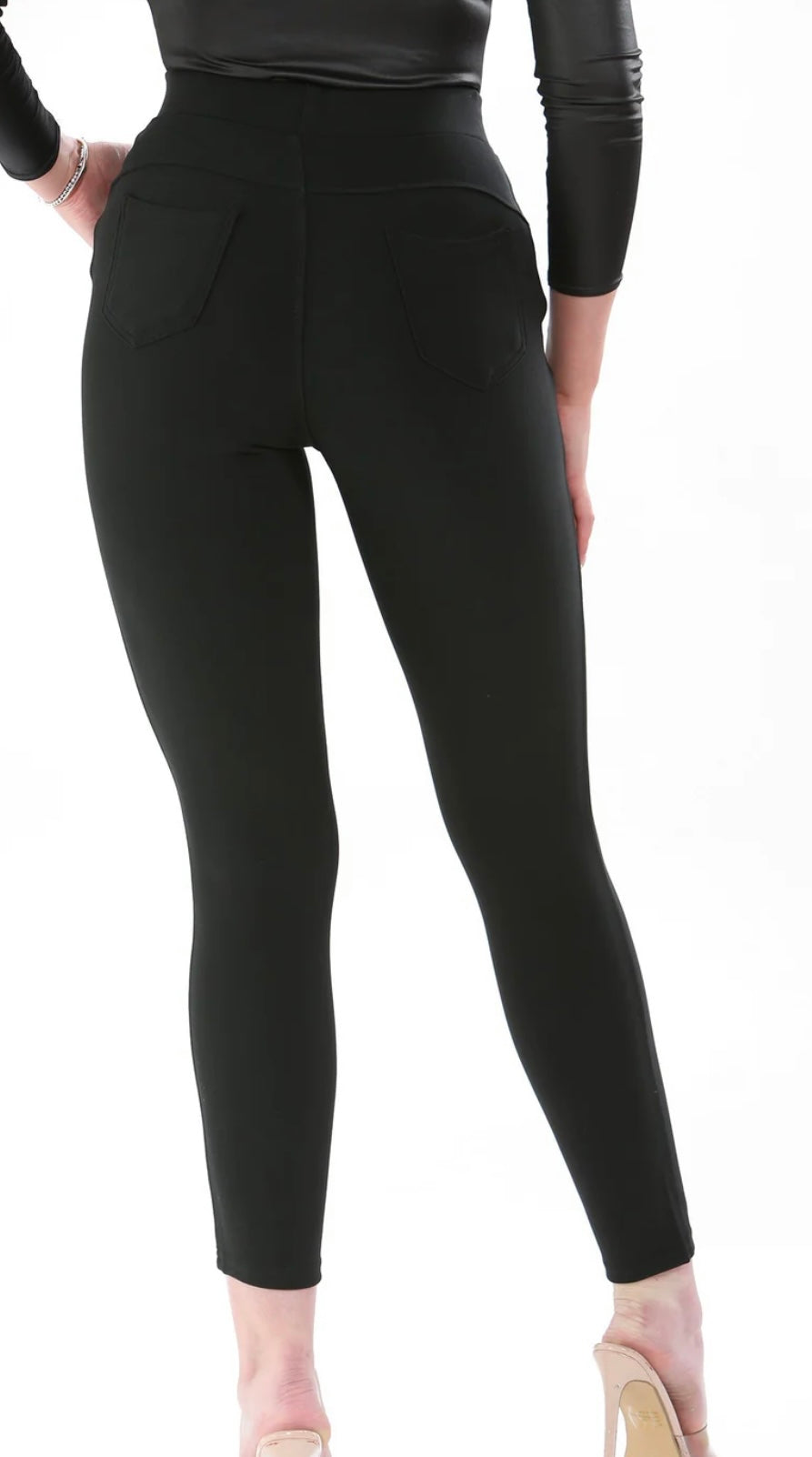 Jill - Black Full Length Leggings with Trimmed Pockets