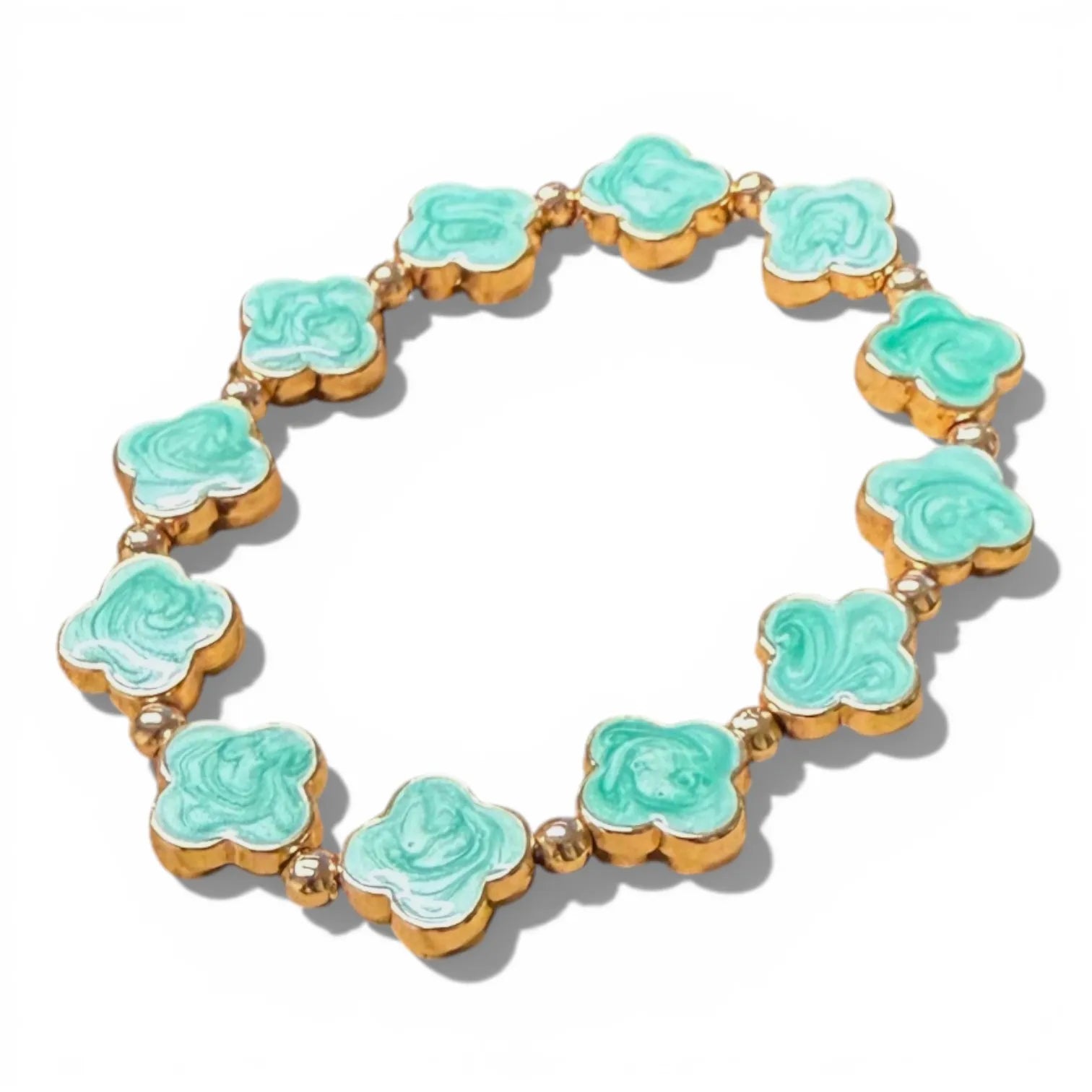 Jess & Lou Aqua Blue Clover Pearlescent Bracelet on a white background