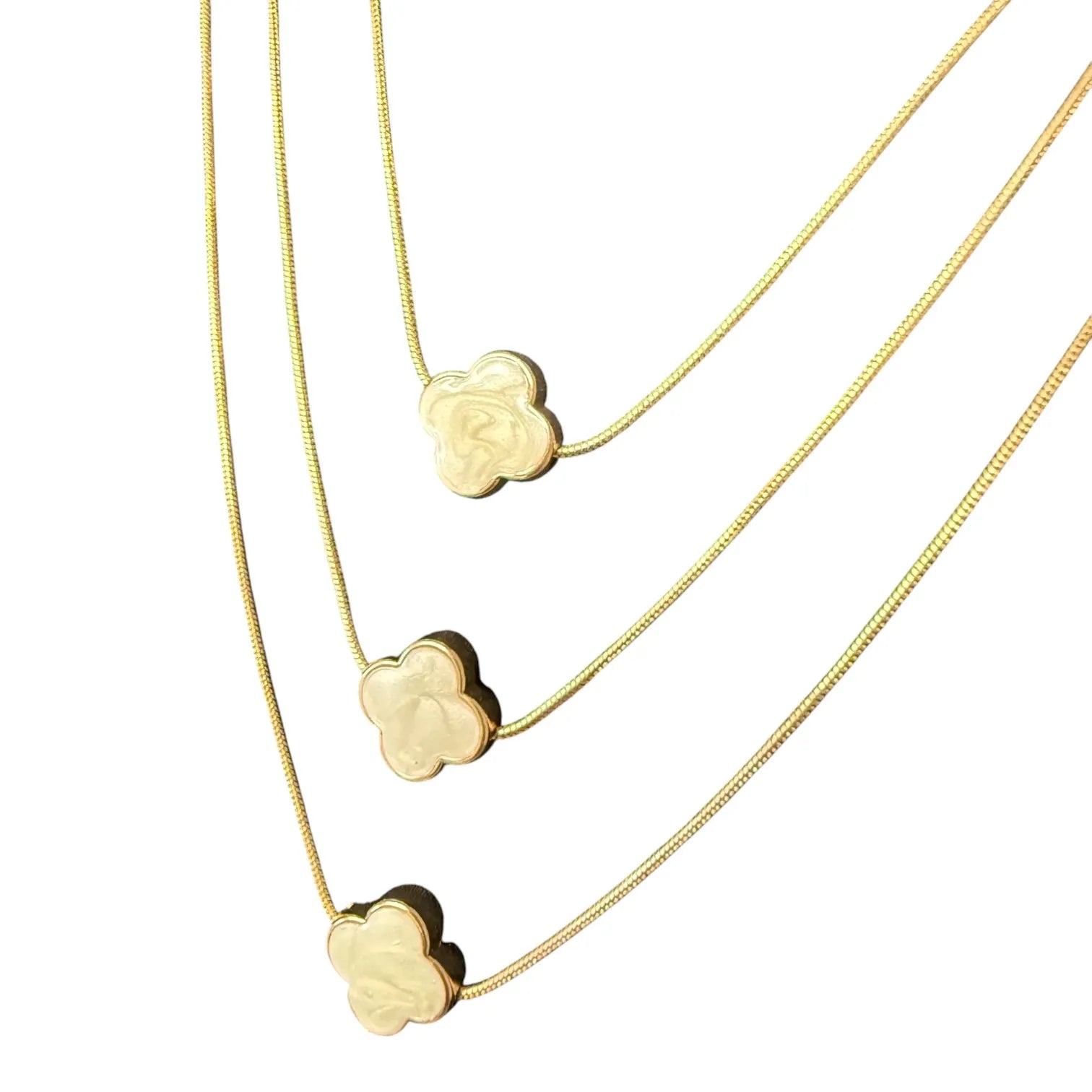 Jess & Lou White Multi-Layer Clover Pearlescent Necklace on a white background