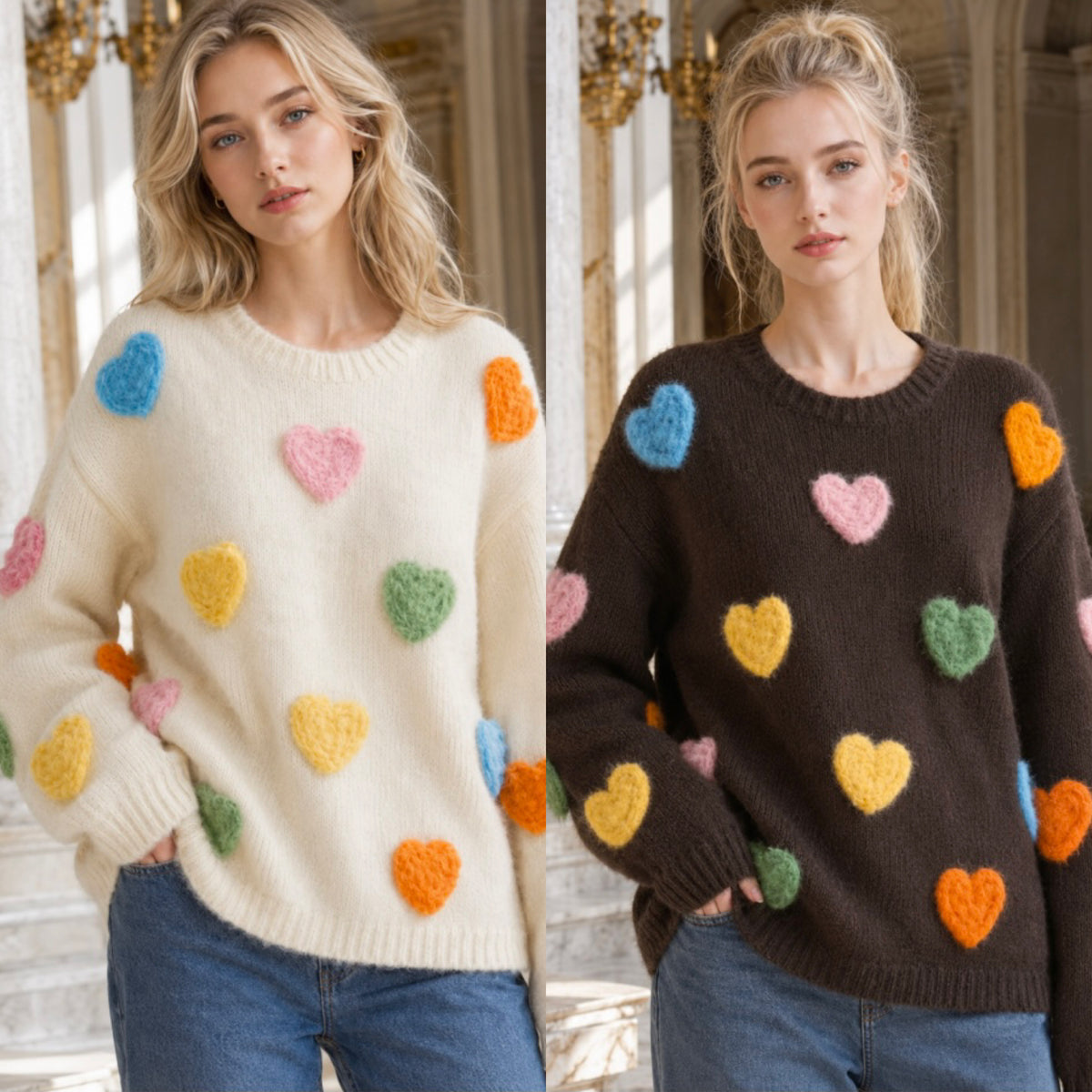 Two women modeling chunky knit sweaters with colorful fuzzy heart patches. The left sweater is cream with pastel blue, pink, yellow, green, and orange hearts.