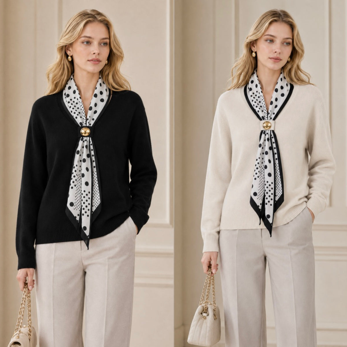 A split-screen lifestyle image showing a model wearing a black knit cardigan with a cream and black polka dot scarf, paired with light beige trousers. The model is shown in two variations: one wearing a black cardigan and the other wearing a cream cardigan, both styled with the same scarf and a small cream handbag.