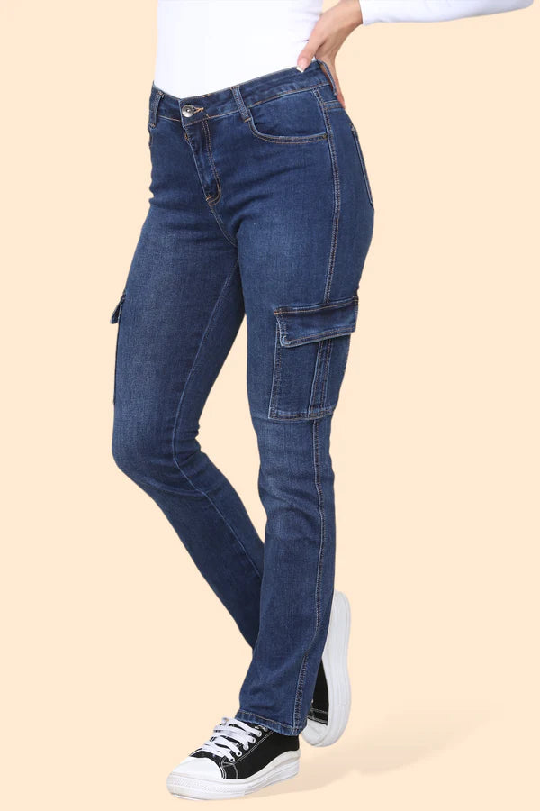 Voggo Dark Wash Cargo Pocket Cotton Stretch Jeans