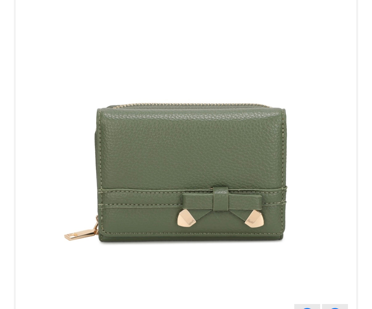 Khaki Green Bow Detail Purse with gold accents on a white background