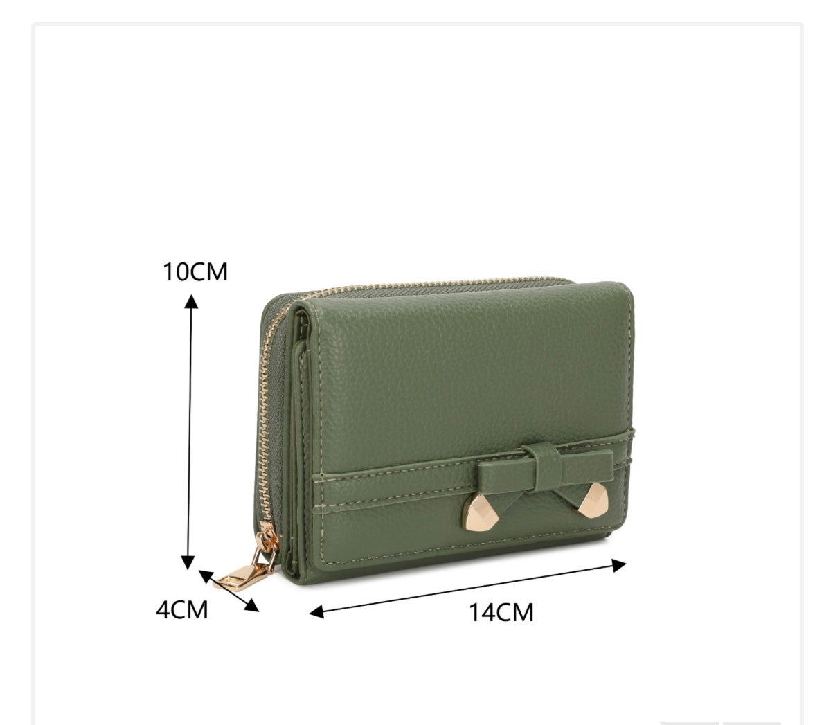 Khaki Green Bow Detail Purse with dimensions indicated on a white background