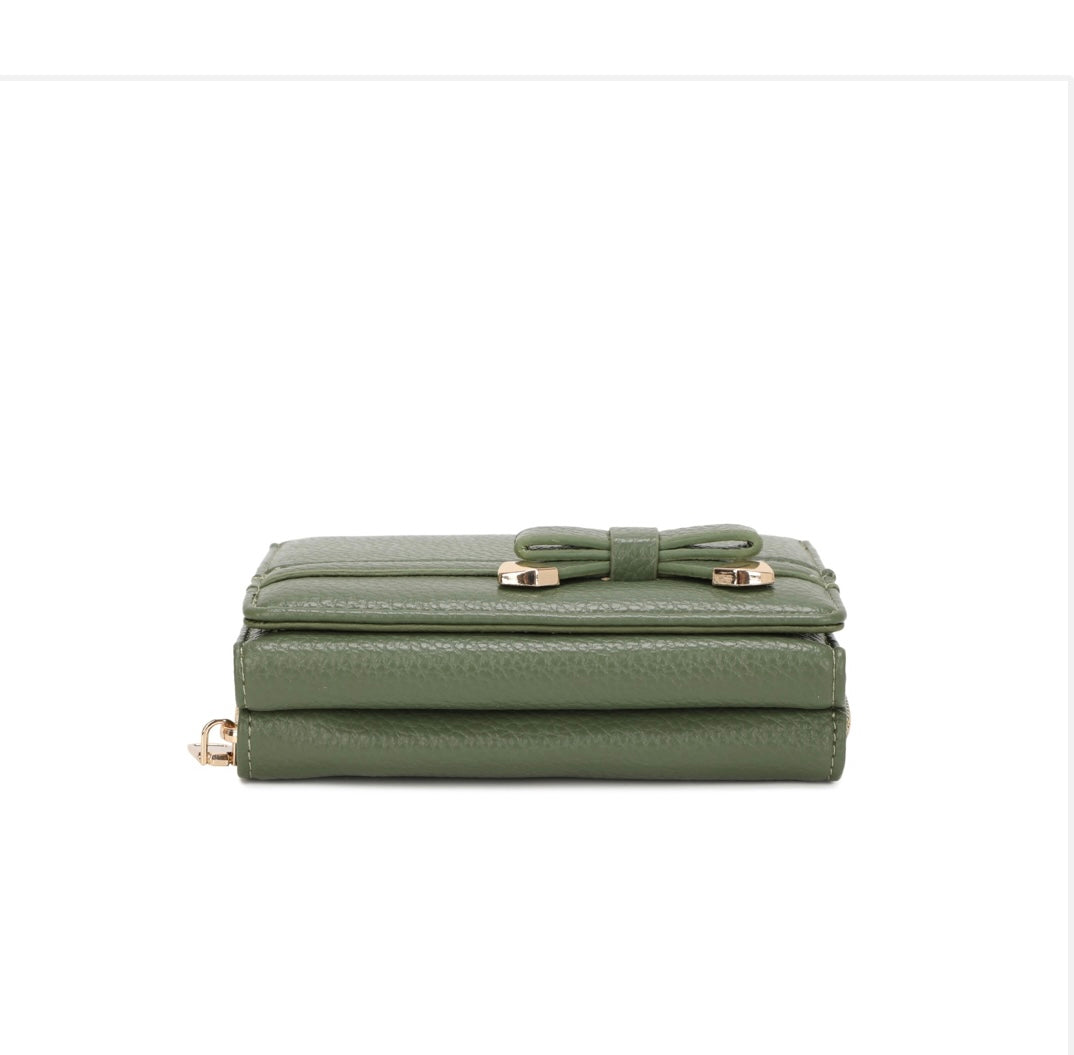 Bottom view of Khaki Green Bow Detail Purse with gold accents on a white background