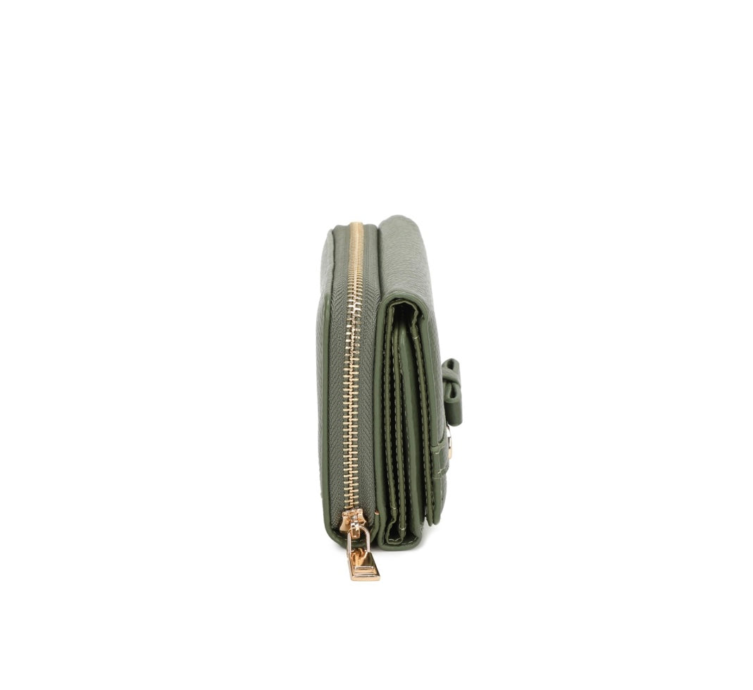 Side view of Khaki Green Bow Detail Purse with gold zipper on a white background