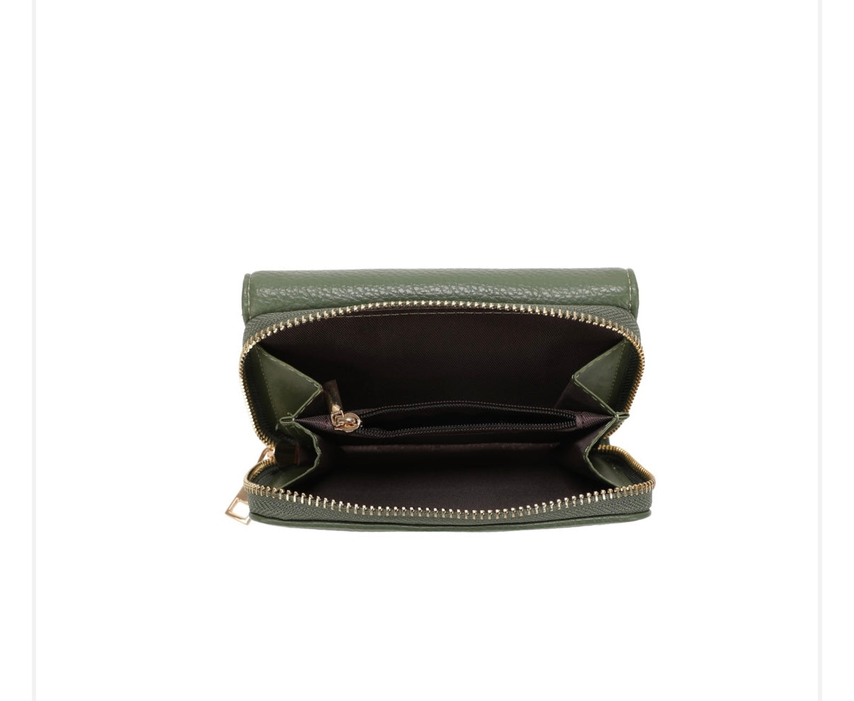 Top view of Khaki Green Bow Detail Purse on a white background