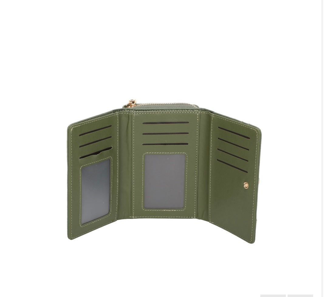 Inside trifold view of  Khaki Green Bow Detail Purse on a white background
