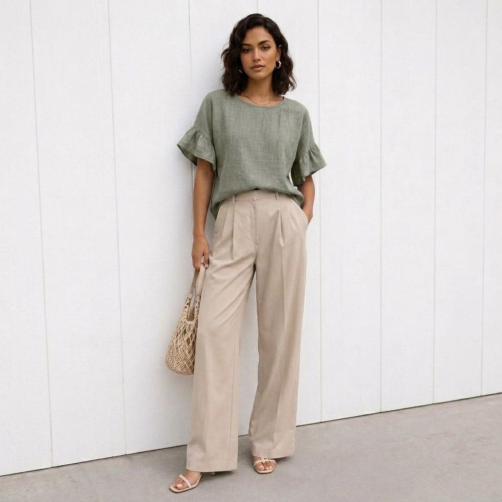 Woman wearing a green top and beige pants against a white wall