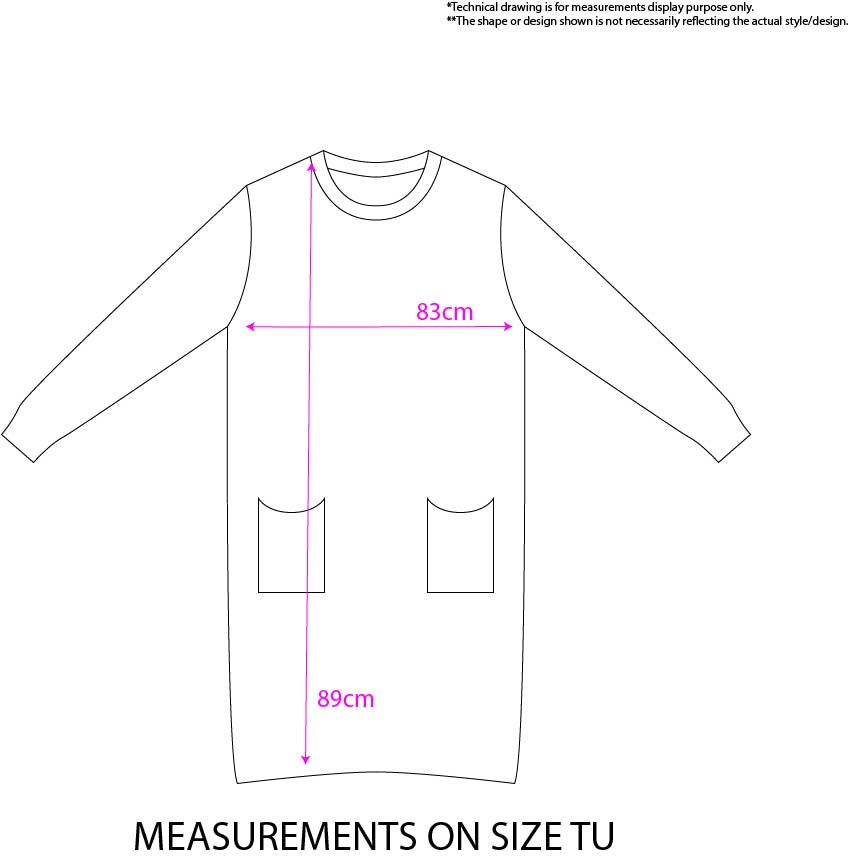 Technical measurement diagram of a long-sleeve top with two front pockets, showing pink dimension lines labeled 83 cm across the chest and 89 cm from the hem, with text stating measurements on size TU.