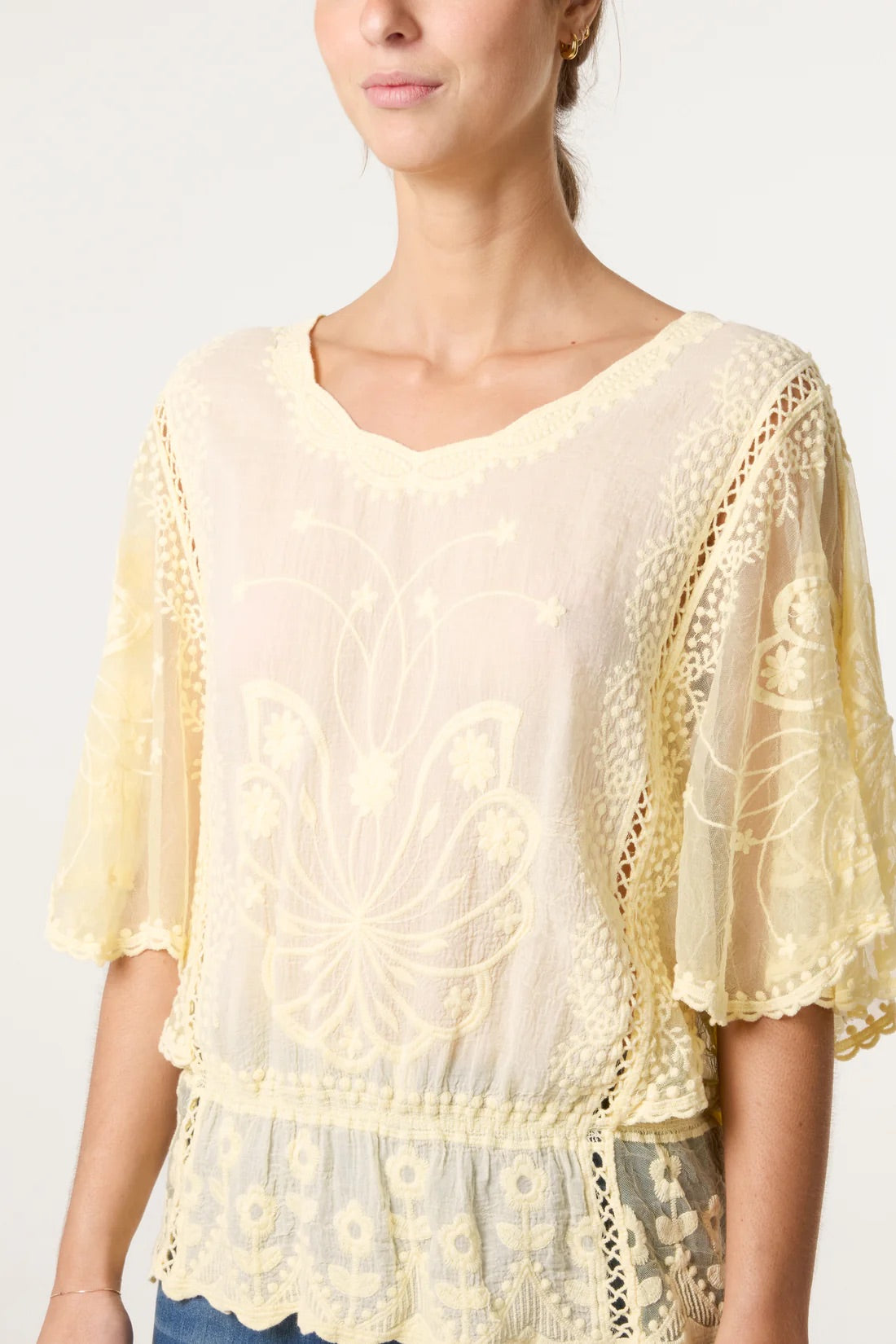 Woman wearing a Lemon Yellow Floral Lace Butterfly Sleeve Blouse Top against a plain background