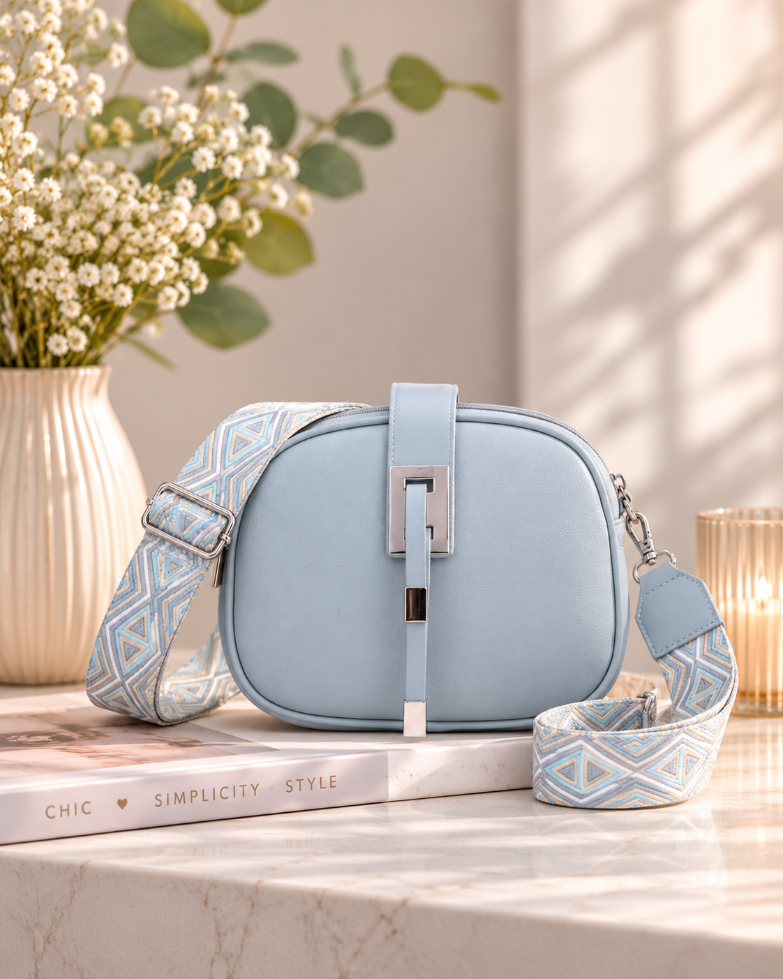 Light blue handbag with patterned strap on a marble surface with books and flowers in the background