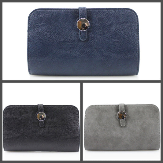 Three wallet-style clutch bags shown in a collage: one navy blue pebbled leather at the top, one black leather at bottom left, and one gray suede-like finish at bottom right. Each bag has a flap closure with a strap and round decorative button.
