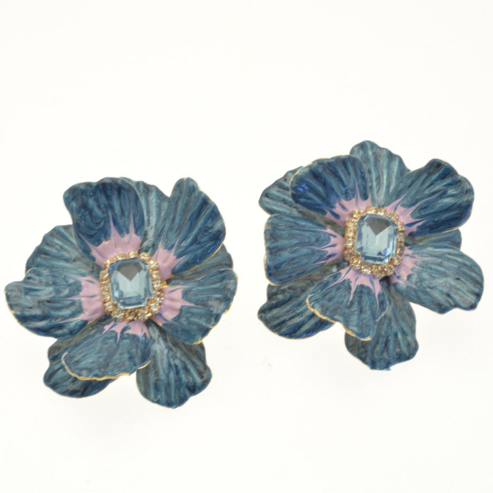 Miss Milly Blue Flower Statement Earrings On white background 
