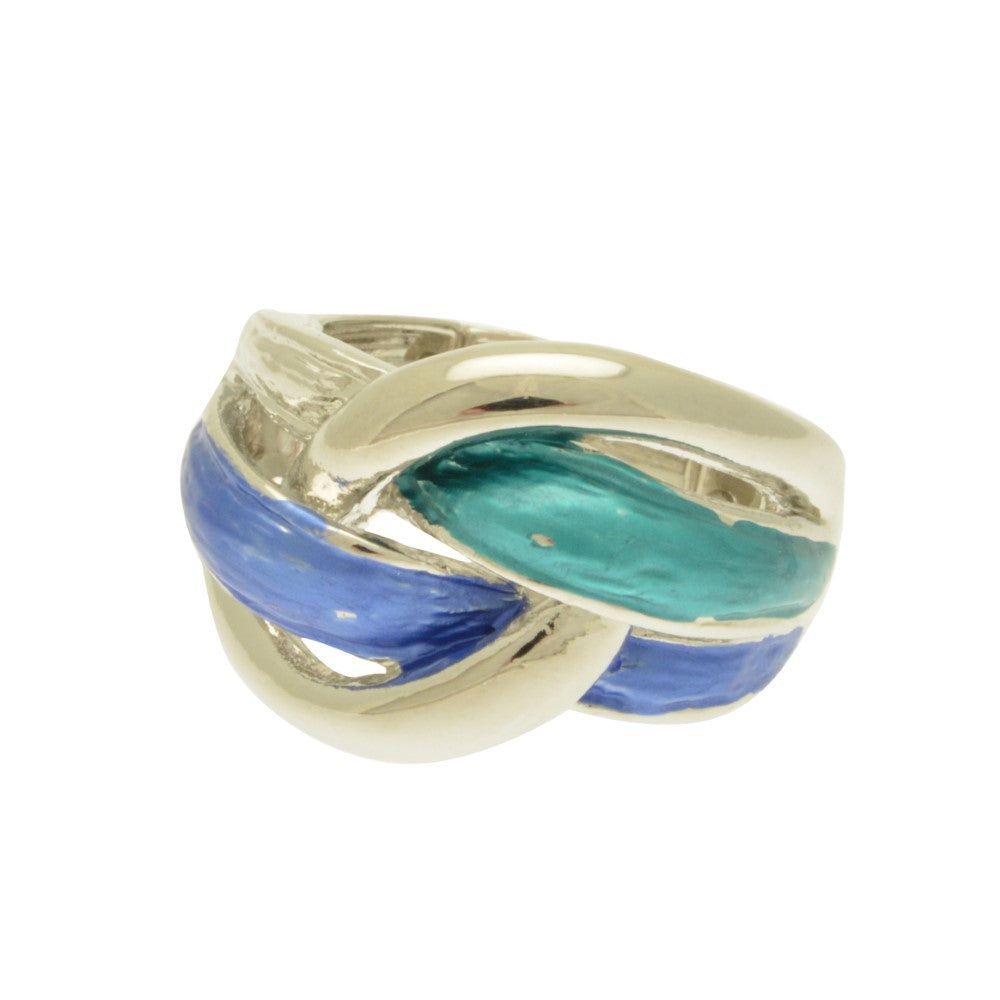 Silver ring with blue and green inlay on a white background